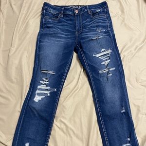 Blue American Eagle Ripped Jeans Super Stretch Long
